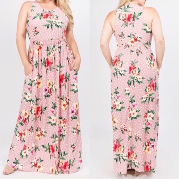 Floral Print Polka Dot Pocket Maxi Dress 1X 2X 3X - Picture 2 of 8